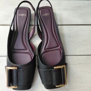 Franco Sarto Tracy Square Toe Slingback Black Flat Leather Shoe With Gold Buckle